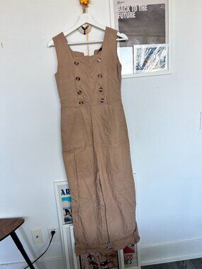 Woman Tan Double Breasted Wide Leg Jumpsuit Sleeveless Linen Look M